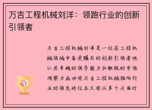 万吉工程机械刘洋：领跑行业的创新引领者